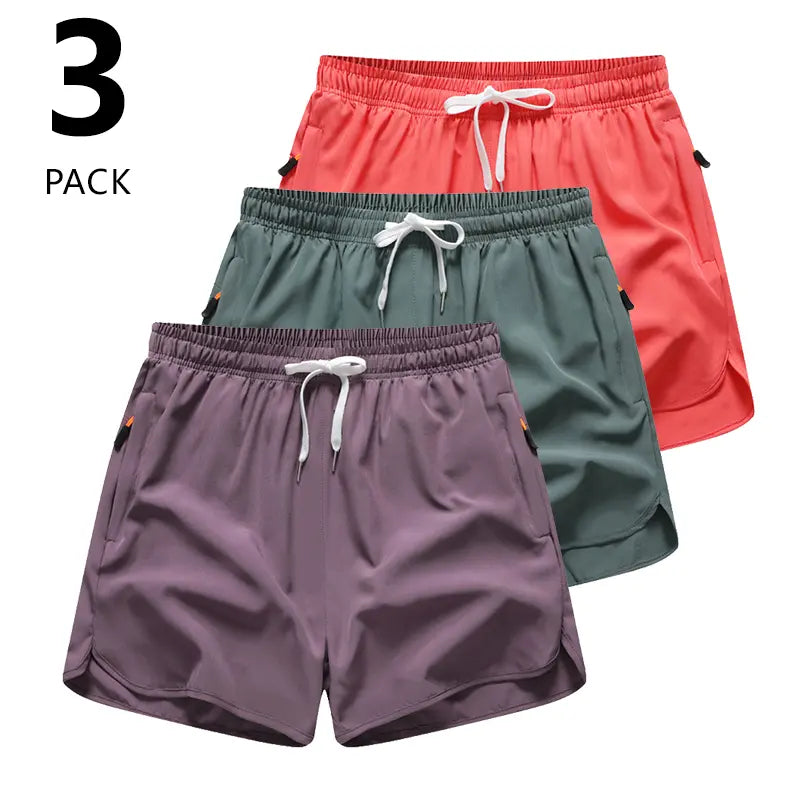 3-Pack Women’S Casual Athletic Shorts, Elastic Waistband with Drawstring, Zippered Pockets — Lightweight, Breathable, Quick-Dry Fabric; Summer Sports Shorts, Solid Color Options