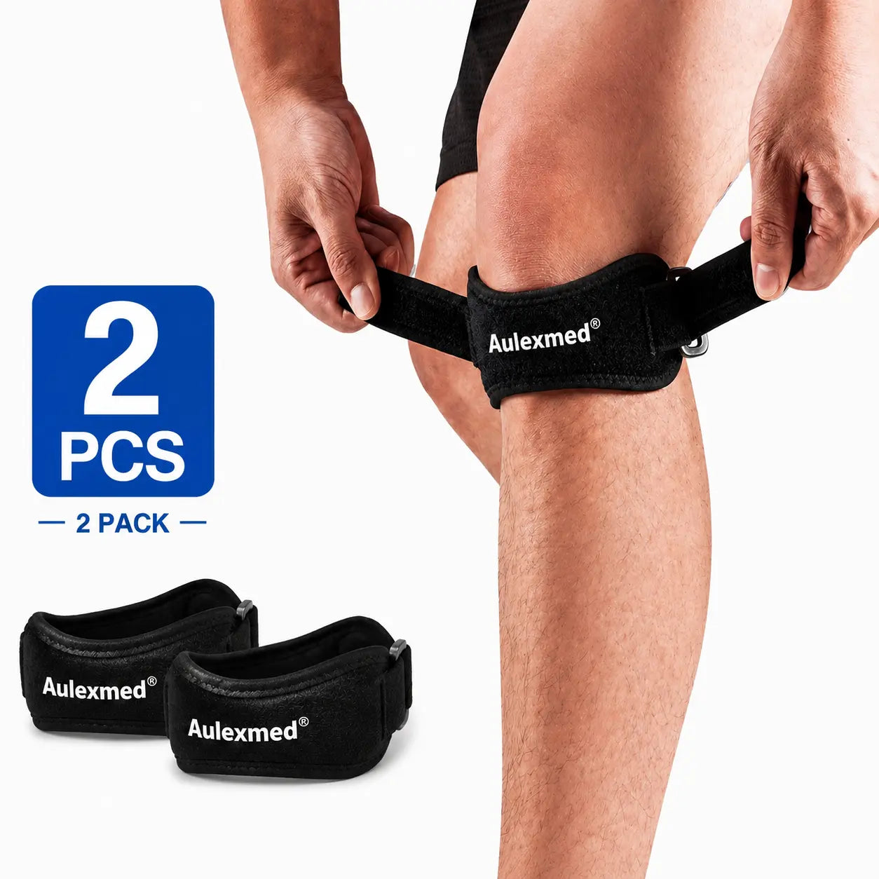Aulexmed 2Pcs Patella Knee Strap, Adjustable Knee Support Brace with Compression Pad, Comfortable Tendon Stabilizer for Running, Hiking, Gym, Basketball, Black Kneecap,Summerwins #Father'Sday