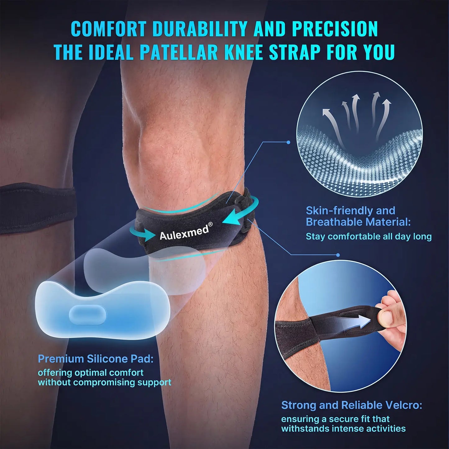 Aulexmed 2Pcs Patella Knee Strap, Adjustable Knee Support Brace with Compression Pad, Comfortable Tendon Stabilizer for Running, Hiking, Gym, Basketball, Black Kneecap,Summerwins #Father'Sday
