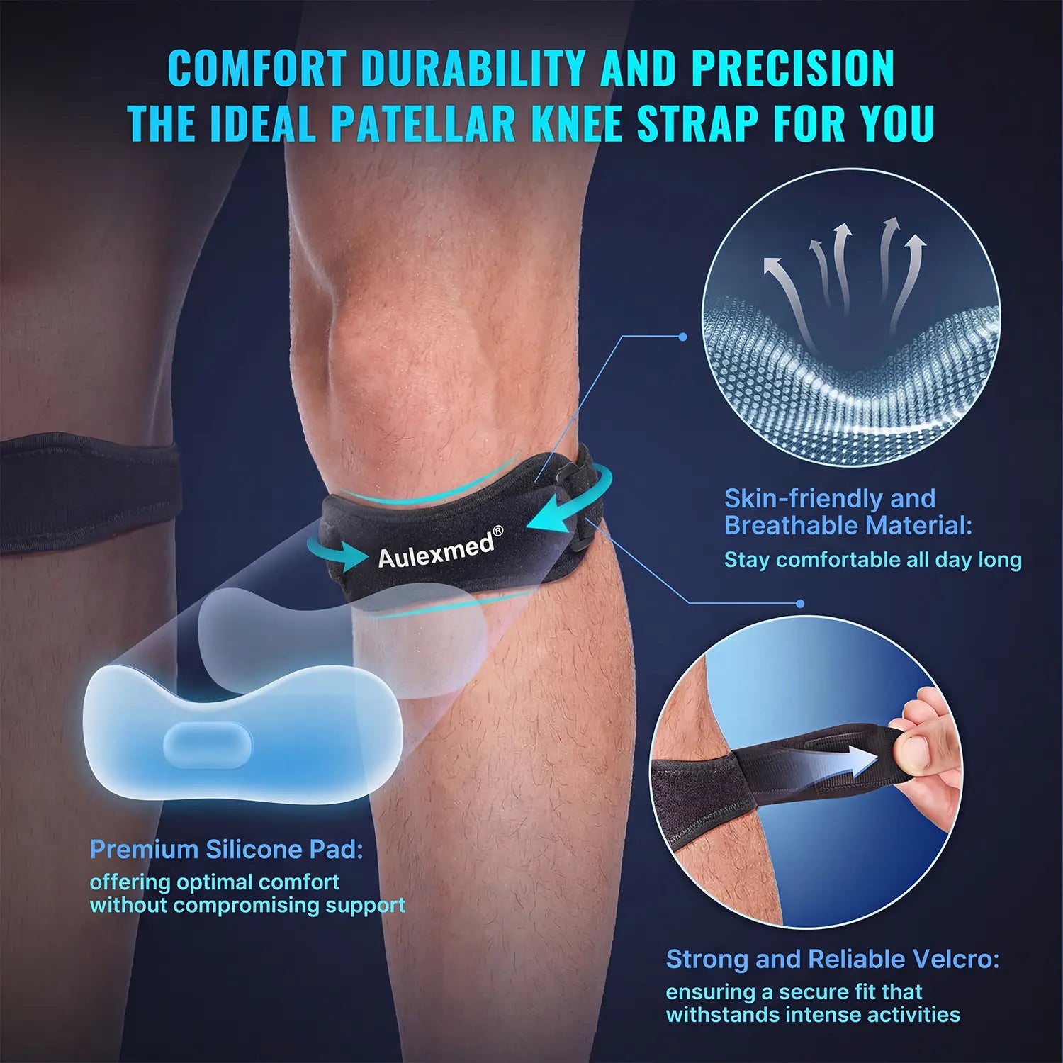 Aulexmed 2Pcs Patella Knee Strap, Adjustable Knee Support Brace with Compression Pad, Comfortable Tendon Stabilizer for Running, Hiking, Gym, Basketball, Black Kneecap,Summerwins #Father'Sday
