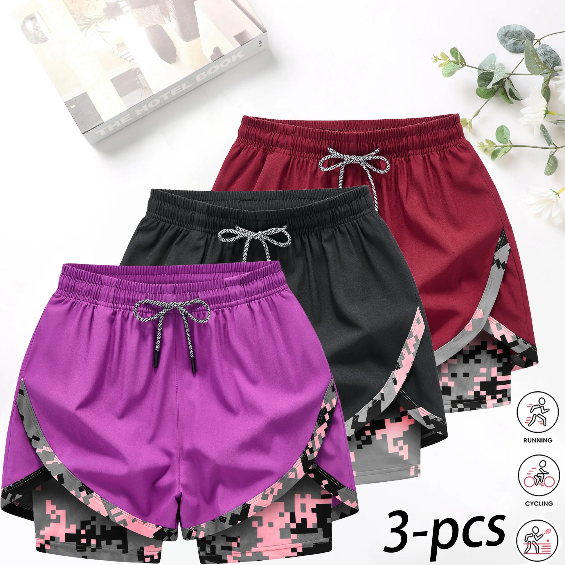 3-Pack Women’S 2-In-1 Camouflage Lined Running Shorts — Quick-Drying, Anti-Chafing Sports Shorts with No Ride-Up Issues, Suitable for the Gym, Yoga, and Outdoor Workouts