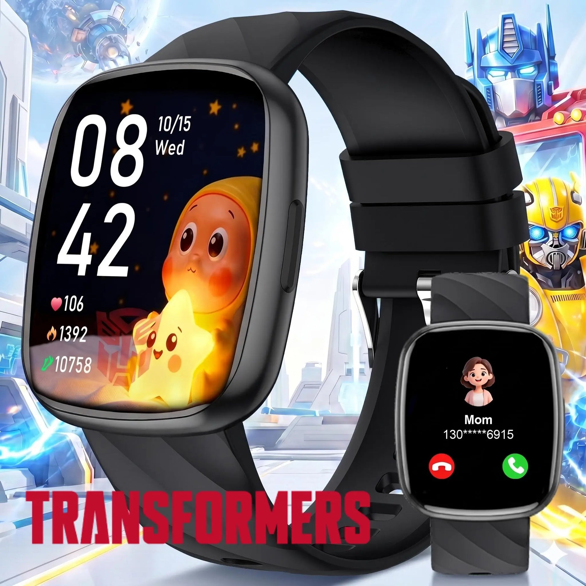 Transformers S60K Kids' Smartwatch 1.6-Inch Fitness Tracker with Heart Rate Monitor, Sleep Tracking, IP68 Water Resistance, 12/24-Hour Format, Educational Toys & Birthday Gifts for Girls Ages 6-12 - Wearable, Adjustable Wearable Adjustable Bluetooth Wrist