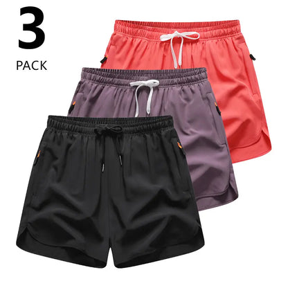 3-Pack Women’S Casual Athletic Shorts, Elastic Waistband with Drawstring, Zippered Pockets — Lightweight, Breathable, Quick-Dry Fabric; Summer Sports Shorts, Solid Color Options