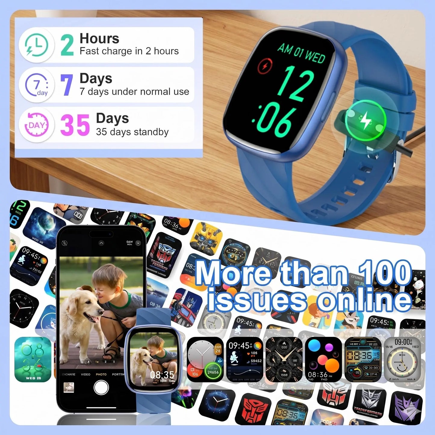 Transformers S60K Kids' Smartwatch 1.6-Inch Fitness Tracker with Heart Rate Monitor, Sleep Tracking, IP68 Water Resistance, 12/24-Hour Format, Educational Toys & Birthday Gifts for Girls Ages 6-12 - Wearable, Adjustable Wearable Adjustable Bluetooth Wrist