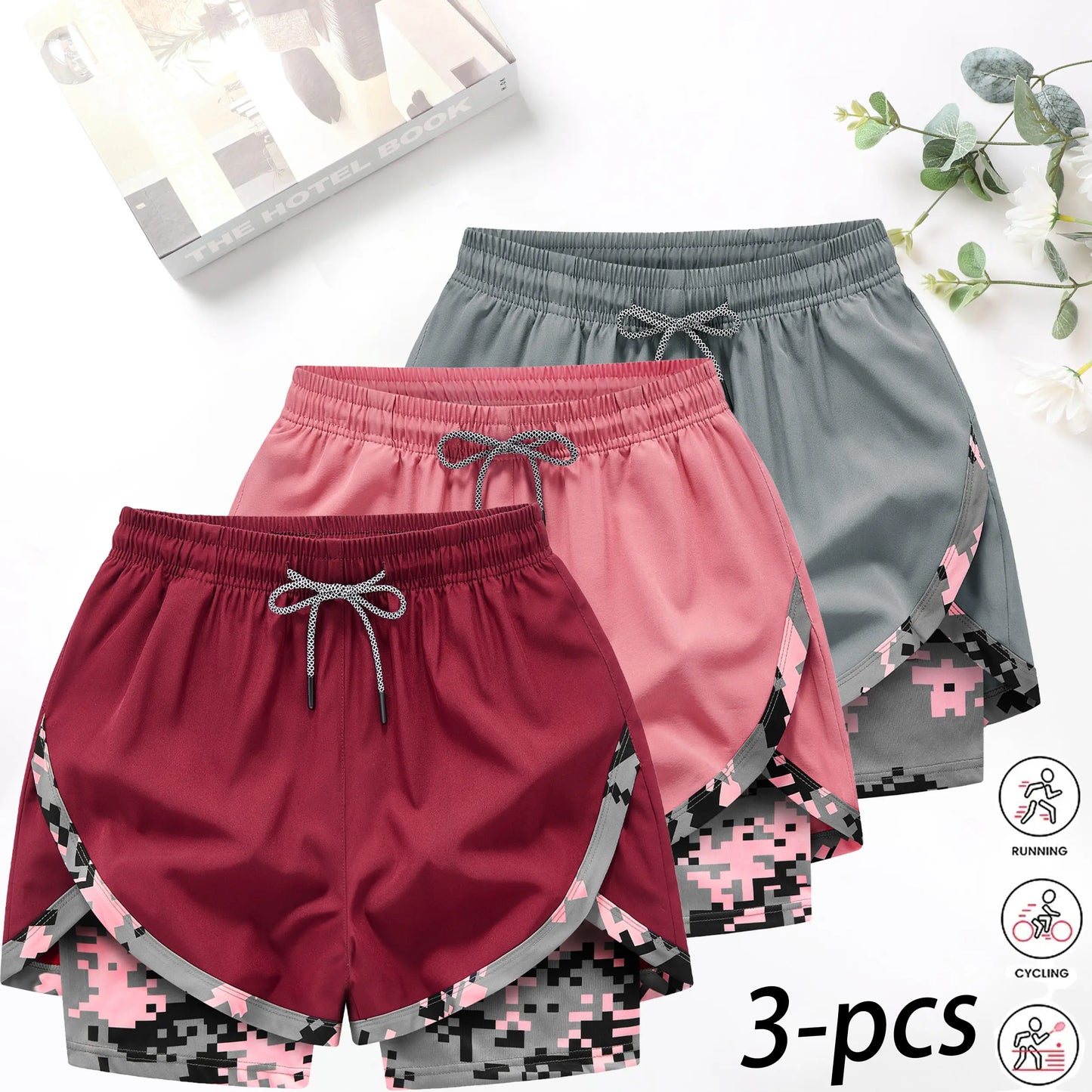 3-Pack Women’S 2-In-1 Camouflage Lined Running Shorts — Quick-Drying, Anti-Chafing Sports Shorts with No Ride-Up Issues, Suitable for the Gym, Yoga, and Outdoor Workouts