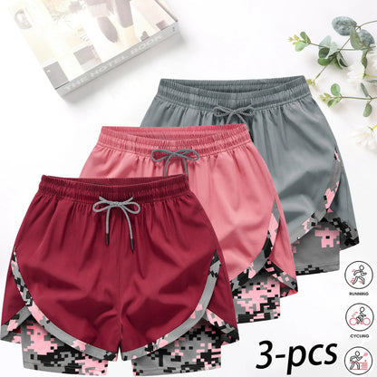 3-Pack Women’S 2-In-1 Camouflage Lined Running Shorts — Quick-Drying, Anti-Chafing Sports Shorts with No Ride-Up Issues, Suitable for the Gym, Yoga, and Outdoor Workouts