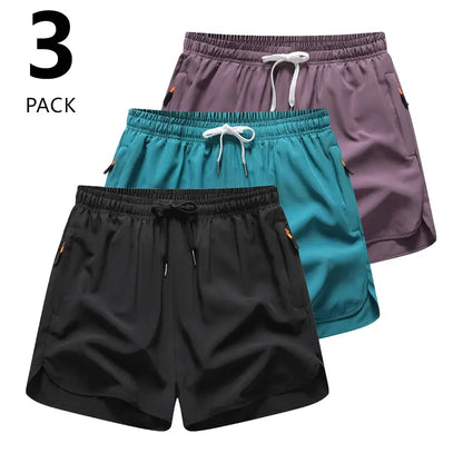 3-Pack Women’S Casual Athletic Shorts, Elastic Waistband with Drawstring, Zippered Pockets — Lightweight, Breathable, Quick-Dry Fabric; Summer Sports Shorts, Solid Color Options