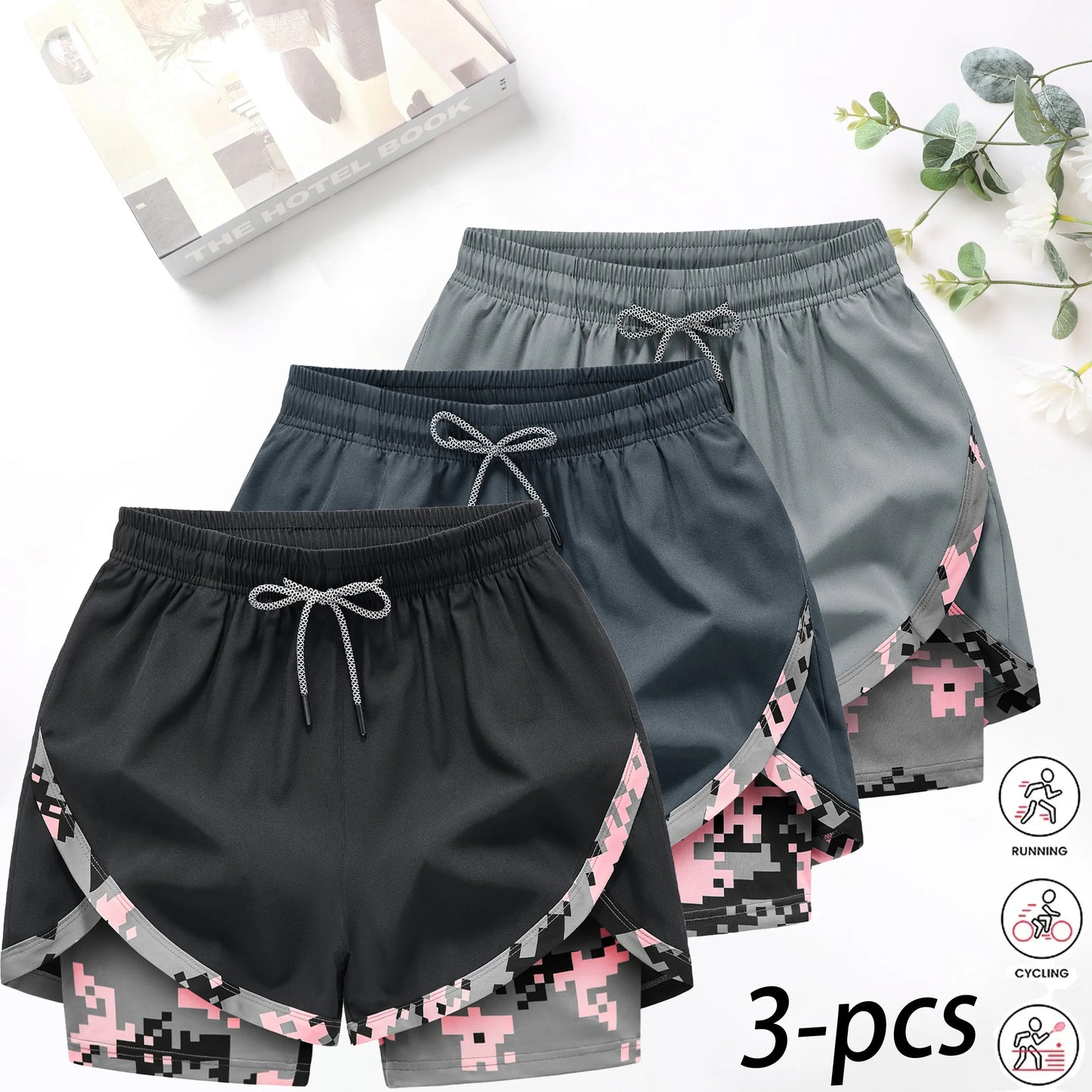 3-Pack Women’S 2-In-1 Camouflage Lined Running Shorts — Quick-Drying, Anti-Chafing Sports Shorts with No Ride-Up Issues, Suitable for the Gym, Yoga, and Outdoor Workouts