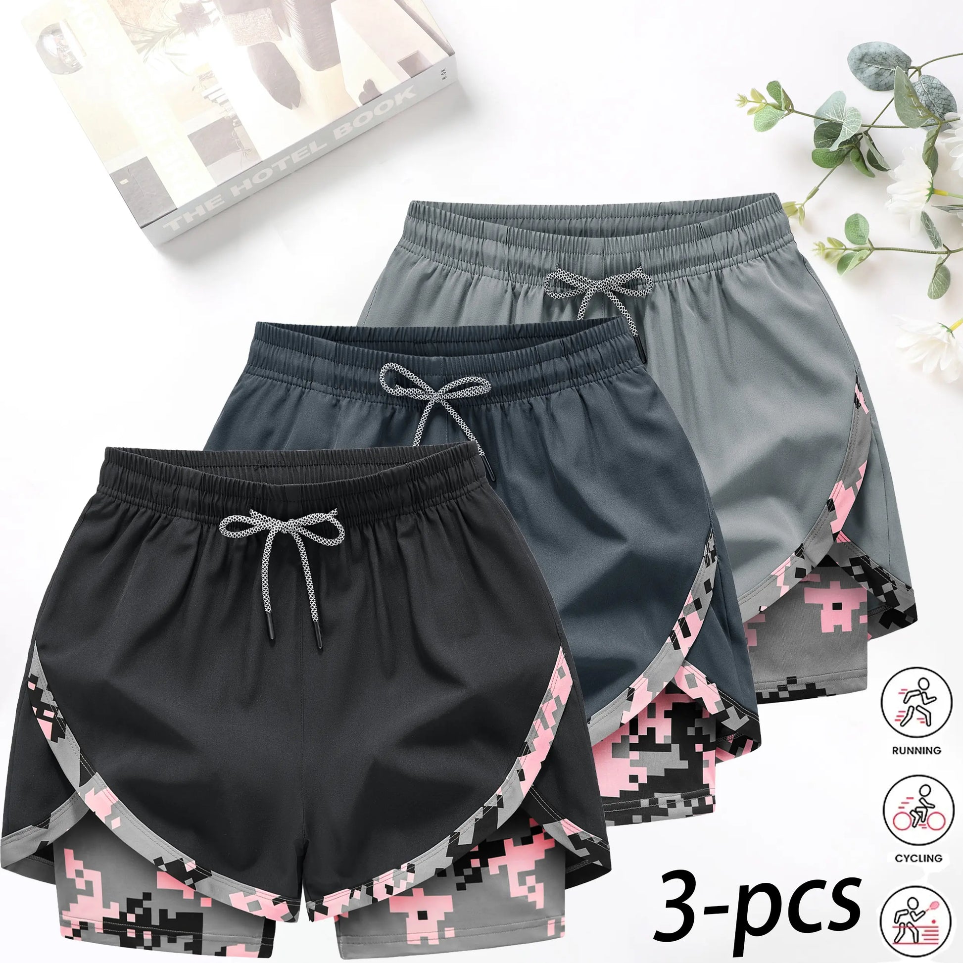 3-Pack Women’S 2-In-1 Camouflage Lined Running Shorts — Quick-Drying, Anti-Chafing Sports Shorts with No Ride-Up Issues, Suitable for the Gym, Yoga, and Outdoor Workouts