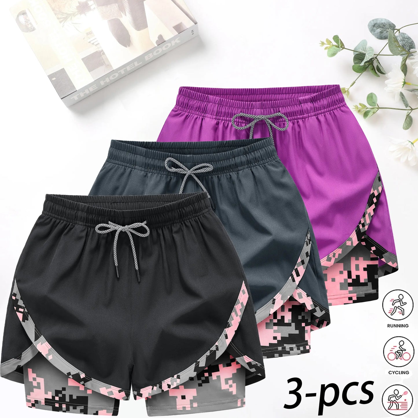 3-Pack Women’S 2-In-1 Camouflage Lined Running Shorts — Quick-Drying, Anti-Chafing Sports Shorts with No Ride-Up Issues, Suitable for the Gym, Yoga, and Outdoor Workouts