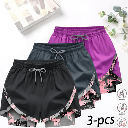 3-Pack Women’S 2-In-1 Camouflage Lined Running Shorts — Quick-Drying, Anti-Chafing Sports Shorts with No Ride-Up Issues, Suitable for the Gym, Yoga, and Outdoor Workouts