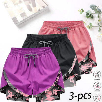 3-Pack Women’S 2-In-1 Camouflage Lined Running Shorts — Quick-Drying, Anti-Chafing Sports Shorts with No Ride-Up Issues, Suitable for the Gym, Yoga, and Outdoor Workouts